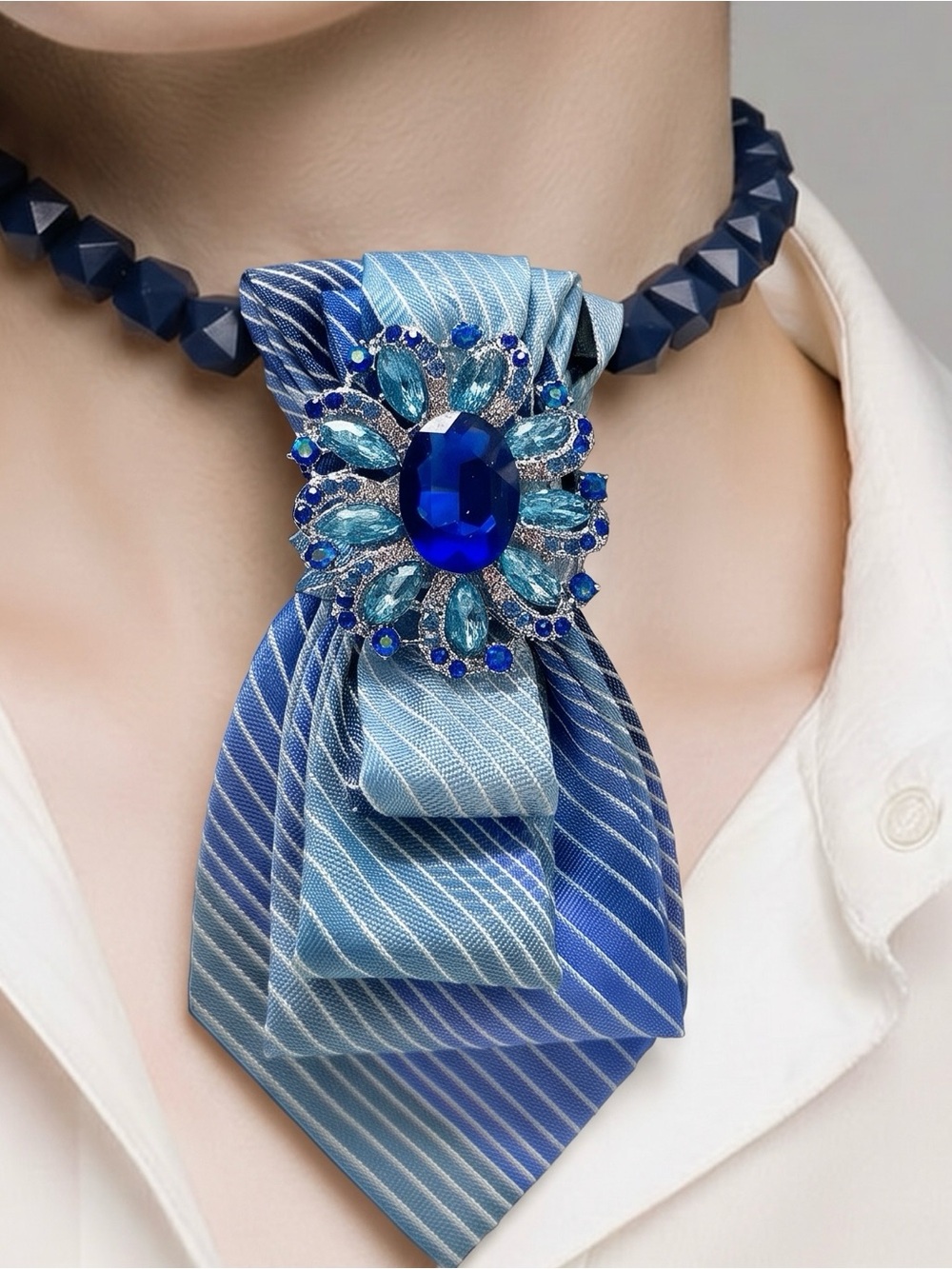 CHIC CHICK UPCYCLE | Blue Crystal Ribbon Choker Necklace Women's Jewelry